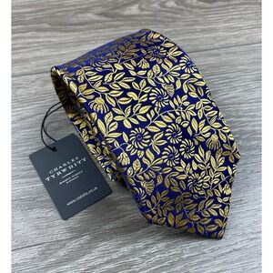 Charles Tyrwhitt Men's Luxury Silk Floral Necktie Gold Blue New